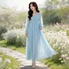 Vestido de Manga Larga Cuadrado de Alta Gama Estilo Francés, Vestido de Playa Estilo Resort Costero, Vestido de Gasa para Mujeres Petites, Ropa de Viaje