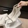 Botas de moda elásticas versáteis estilo Chanel com contas, salto grosso e bico quadrado, botas curtas de corte justo, tamanhos grandes 34-42