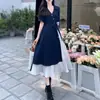 Vestido Falso de Dos Piezas de Manga Corta con Cuello en V de Longitud Media 2026 Verano Adelgazante Estilo Francés Vestido Largo Ceñidor de Cintura Falda de Línea A para Mujer