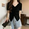 Camiseta feminina plus size com decote V, plissada, slim fit, ombro a ombro, manga curta, design chique, nicho, slim fit, para meninas cheinhas, Top para Mulheres