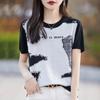 Camiseta de manga corta de punto jacquard con contraste de tencel occidental para mujer, primavera y verano 2024, nueva camiseta holgada de media manga con combinación de colores.
