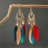 Brincos de Pena Boêmios Europeus e Americanos, Brincos de Franja Estilo Étnico Exagerado Retrô para Feriados, Acessórios de Viagem de Yunnan para Mulheres