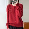 Cardigan de Punto para Mujer con Cuello Redondo, Manga Larga, Bordado de Flor Estéreo, Holgado, Nuevo para Otoño e Invierno, Lana Pura, 25 Años