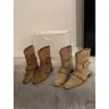Botas Western Khaki Retrô Francesas Camurça Início do Outono Estilosas de Rua Estilo Britânico Botas Curtas de Boca Larga para Mulheres