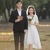 Vestido Blanco de Noche para Mujer, Estilo de Alta Gama, Corto por Delante y Largo por Detrás, Se Puede Usar Informalmente, Elegante para Registro de Matrimonio, Vestido de Boda Ligero, Vestido Blanco Pequeño