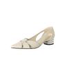 Elegantes Sandalias de Punta Descubierta para Mujer Verano Nuevo Estilo 2025 Punta Afilada Piel Vacuna Tacón Grueso Tacón Medio Blanco Laterales Huecos Zapatos de Mujer