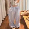 Calça casual de verão listrada, de corte solto, com pernas largas, botões e cordão, plus size, estilo europeu, calça casual fina para caminhar