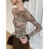 Camiseta de malha tie-dye Sanli Dadi com manga longa e ombro à mostra para mulheres na primavera, novo estilo de blusa básica para proteção solar