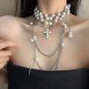 Amor Miserable ~ Gargantilla Barroca Pesada Lujo Ligero Nicho Perla Cruz Cadena de Collar en Capas Multicapa