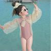 Traje de baño con manga de malla para niña 2026 Verano Nueva Moda Traje de baño de una pieza para niña pequeña para niños pequeños y medianos Ropa de verano