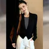 Suéter de Punto Negro para Mujer, Estilo Nuevo Primavera y Otoño, Súper Elegante, Ceñido a la Cintura, Falso Dos Piezas, Manga Larga Corta
