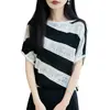 Nuevo Top de Punto Versátil para Mujer de Verano Hombros Descubiertos Manga Corta Bloque de Color Hueco Camiseta Base Camiseta Top