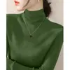 Elegante y sofisticado suéter de cuello alto verde oscuro con mangas largas, camisa base tejida para mujer A5455