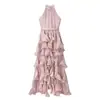 Elegante vestido largo tipo bufanda transfronterizo de estilo francés con cuello de corbata, ceñido a la cintura, dobladillo con volantes