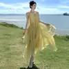 Vestido largo de gasa con cuello halter color ámbar, estilo verano, impresionante vestido largo de vacaciones, tela de gasa