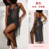 Vestido de Malla Feiyun Negro Plateado con Relieve de Raya Vertical, Cuello Halter, Espalda Descubierta, Dobladillo con Borlas, Abertura y Falda Larga Transparente 1247