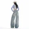 Jeans de mujer de pierna ancha y caída, estilo retro americano de otoño con patrón de bambú desgastado, pantalones de pierna curva, transfronterizos otoño 2026