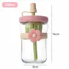 Taza de Flor de Vidrio Linda Taza de Agua con Popote, Taza de Regalo para Niñas, Taza de Alto Valor Estilo Ins con Separación de Té y Agua H