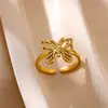Anel Cruzado Europeu e Americano com Zircônia Microincrustada Coração Borboleta Banhado a Ouro 18K Aço Inoxidável Aberto Ajustável para Acessórios Femininos