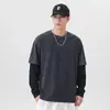 Camiseta de manga larga para hombre de talla grande, nuevo estilo de otoño, imitación de dos piezas, algodón puro, color block lavado vintage desgastado, top holgado para hombre