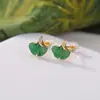 Brincos de Prata S925 Banhados a Ouro com Jade Natural Yilu Folha de Ginkgo Esculpida Prata Esterlina Leve Luxo Alto Padrão Atacado
