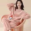 Pijamas Nuevos de Otoño e Invierno para Mujer, Franela Engrosada, Pantalones Largos Casuales de Dibujos Animados Dulces, Ropa de Casa de Terciopelo Coral para Mujer