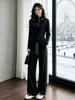 Traje de Moda Europeo Estación Negra para Mujer Otoño Gama Alta Temperamento Elegante Chaqueta de Manga Larga Pantalones de Pierna Ancha Conjunto de Dos Piezas