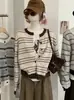 KEKEZOON suéter de punto a rayas color block con cuello redondo cárdigan de manga larga 2026 nuevo suéter estilo coreano top 8808