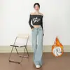 Pantalones Acampanados de Cintura Baja con Forro de Polar Estilo Americano para Mujer, Nueva Moda de Invierno 2025, No Ajustados, Versátiles, Adelgazantes, Elásticos, Jeans