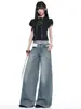 Coleção de Verão 2026 & Estilo Retrô Americano|Design Desconstruído|Jeans Largo Flare Desconstruído para Mulheres
