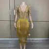 Cantora Dança Sexy Transparente Pedras Strass Pedras Preciosas Brilhante Longa Franja Manga Longa Palco Bar Festa Performance Roupa