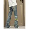 Jeans Lavados Rasgados con Parches Paisley Retro Americano para Hombre Pantalones de Calle Rectos Ajustados Jeans