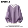 Nova Blusa de Moletom Listrada Elegante de Outono Falsa Dupla Peça Decote V Manga Longa Masculina Solta Preguiçosa Versátil Moda Malha