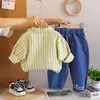 Conjunto Otoñal de Manga Larga Estilo Coreano para Niñas, Conjunto Infantil de Moda con Rayas Verticales y Diseño de Frutas, Conjunto de Dos Piezas para Niños Pequeños