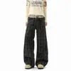 Pantalones casuales a cuadros de diseño retro americano de doble pretina para hombres y mujeres, pantalones holgados de pierna ancha hasta el suelo con cordón