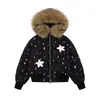 Ropa Exterior de Algodón con Estampado Completo de Estrella Estéreo Retro Americana con Cuello de Piel para Mujer en Otoño e Invierno Abrigadora Gruesa Holgada con Capucha