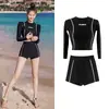 Maiô Feminino Preto de Manga Longa com Proteção Solar, Dividido, Cintura Alta, Shorts Estilosos, Peça Dupla Conservadora, Esportivo, Secagem Rápida
