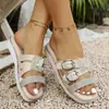 Comercio electrónico transfronterizo, talla grande, nueva colección de verano 2026: Sandalias de playa de moda para mujer, de suela plana, con lentejuelas, de una tira