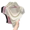 Procesamiento PersonalizadoYanzhiban Camiseta de Malla Brillante con Cuello Volante de Manga Corta Top Camisa Base Fuente OEM/ODM