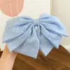 Nova Franja de Cabelo Colorida com Laço de Três Camadas e Poá com Pedras para Parte de Trás da Cabeça Feminina, Presilha Doce de Chiffon, Presilha de Mola