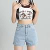 2024 Nuevos Pantalones Cortos de Verano para Mujer Moda de Verano Estilo Americano Retro Palabra A Cintura Alta Forma de Pera Pierna Ancha con Borde Rizado Shorts de Mezclilla