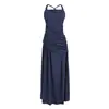 Novo vestido de moda feminina estilo europeu e americano, elegante gola quadrada lisa, cintura plissada com faixas, vestido longo formal de alta qualidade