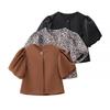 Blusas Elegantes Transfronteiriças para Mulheres Versátil Estampada Simples de Manga Curta Tricolor Nova Primavera Solta com Mangas Bufantes Camisa