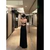 Vestido Halterneck Sem Costas Desenhado para Mulheres, Vestido Slim Estilo Irmã Real de Verão, Saia Longa, Saia Preta Elegante Justa ao Quadril