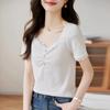 Camisa de punto blanca de manga corta estilo francés de verano 2025 para mujer, cuello de encaje, plisada, ajustada, a rayas
