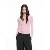 Archivun Otoño Retro Hombro Normal Cuello Henley Doble Capa Dobladillo Enrollado Manga Larga Tejido Capa Base Top Ajustado Camiseta