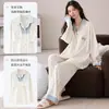 Pijama de algodão puro com peito acolchoado, conjunto de calça comprida e manga longa, tamanho plus size, cardigã com gola de lapela, roupa de casa simples feminina, estilo listrado para primavera e outono