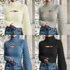 Otoño e Invierno Europeo y Americano Suéter de Cuello Alto Azul Tejido Calado Trenzado Manga de Farol Ajustado Moda Transfronteriza Tejido Sexy