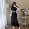 Xiaoxiangfeng Treze Linha Mulheres Gelo Seda Vestido Tricotado Mulheres Vestido de Verão Sobre o Joelho Longo Quadril Preto Fishtail Saia