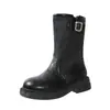 Botas retro de bloques de color hasta la mitad de la pantorrilla para mujer, nueva colección otoño/invierno 2026, con tacón grueso, detalle de hebilla y estilo vaquero/jinete occidental, botas de moda